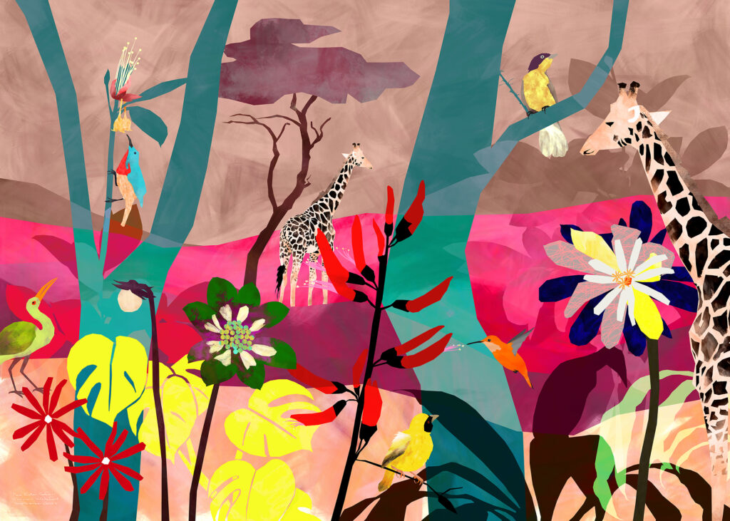 Neo Eden Safari A fantastical abstract contemporary landscape of an African Eden with giraffe, birds and abstract flowers. A bold, new Eden, alive with colour and abstraction