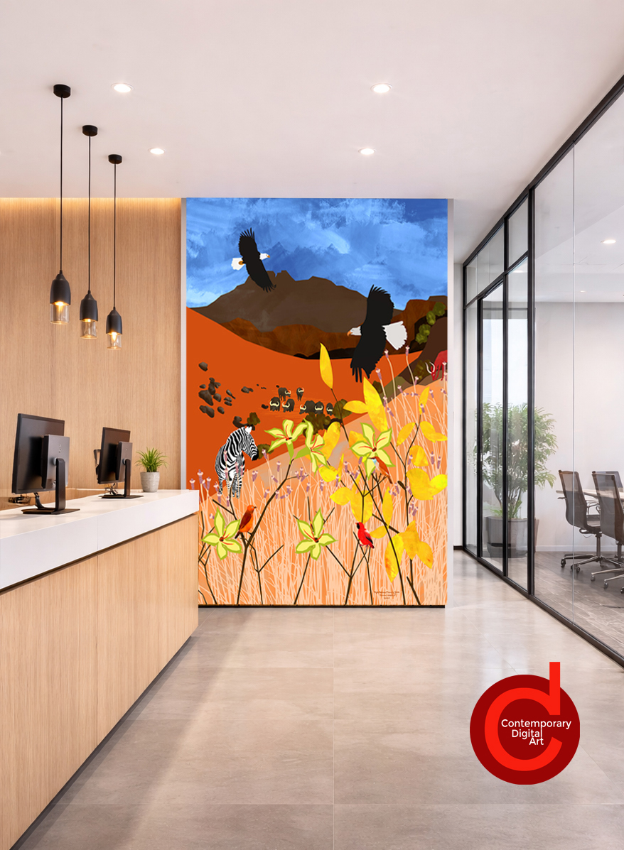 Contemporary wildlife wall mural with zebra, birds, and landscape in a modern corporate reception area
