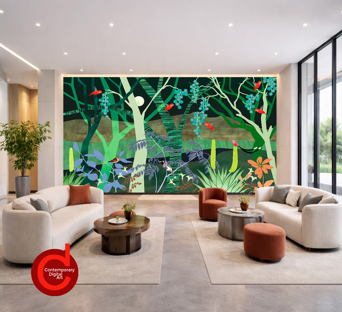 Large nature-inspired wall mural with abstract forest, birds, and botanical elements in a modern corporate lounge space